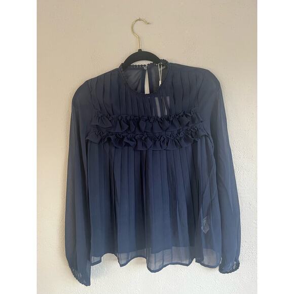Anthropologie Endless Rose Sheer Navy Pleated Blouse w/ Lace Detail, Lar… - Picture 5 of 11